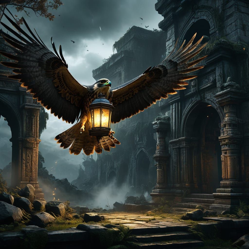 Falcon Guardian of Ancient Light in Dystopian Ruins