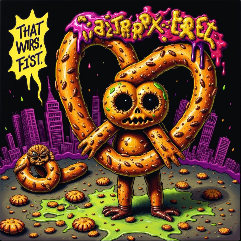 Comical Pretzel Fight in Punk Rock Comic Style