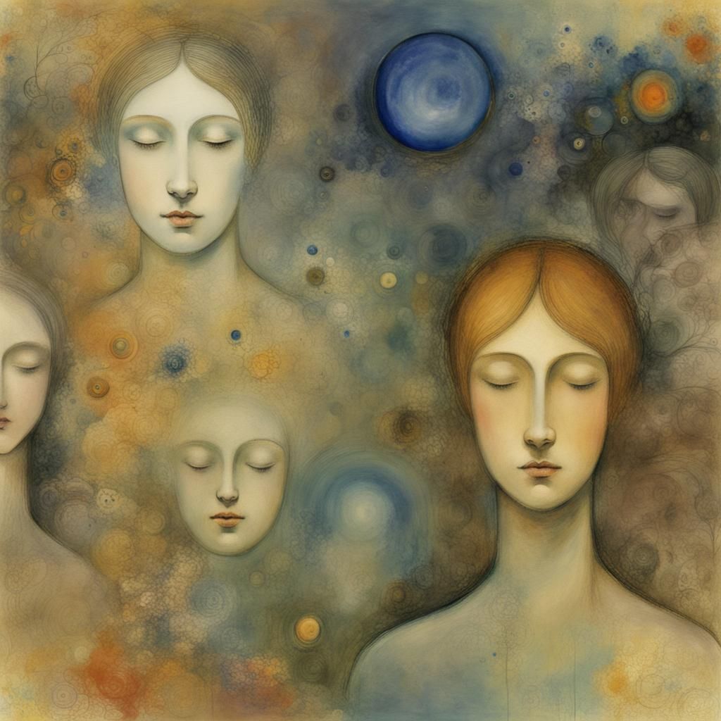 Ethereal Faces and Floating Objects in Watercolor Dream