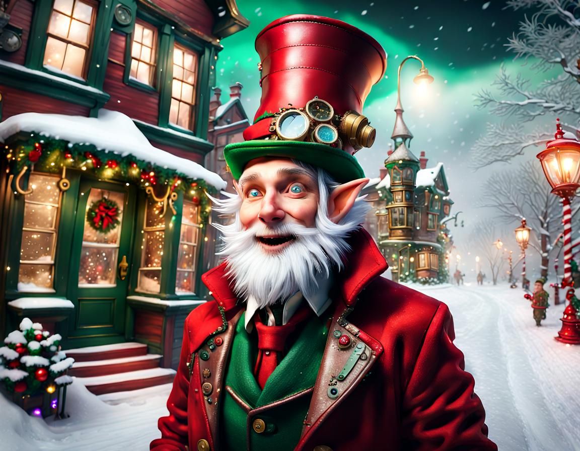 Steampunk Elf in Snowy Christmas Workshop