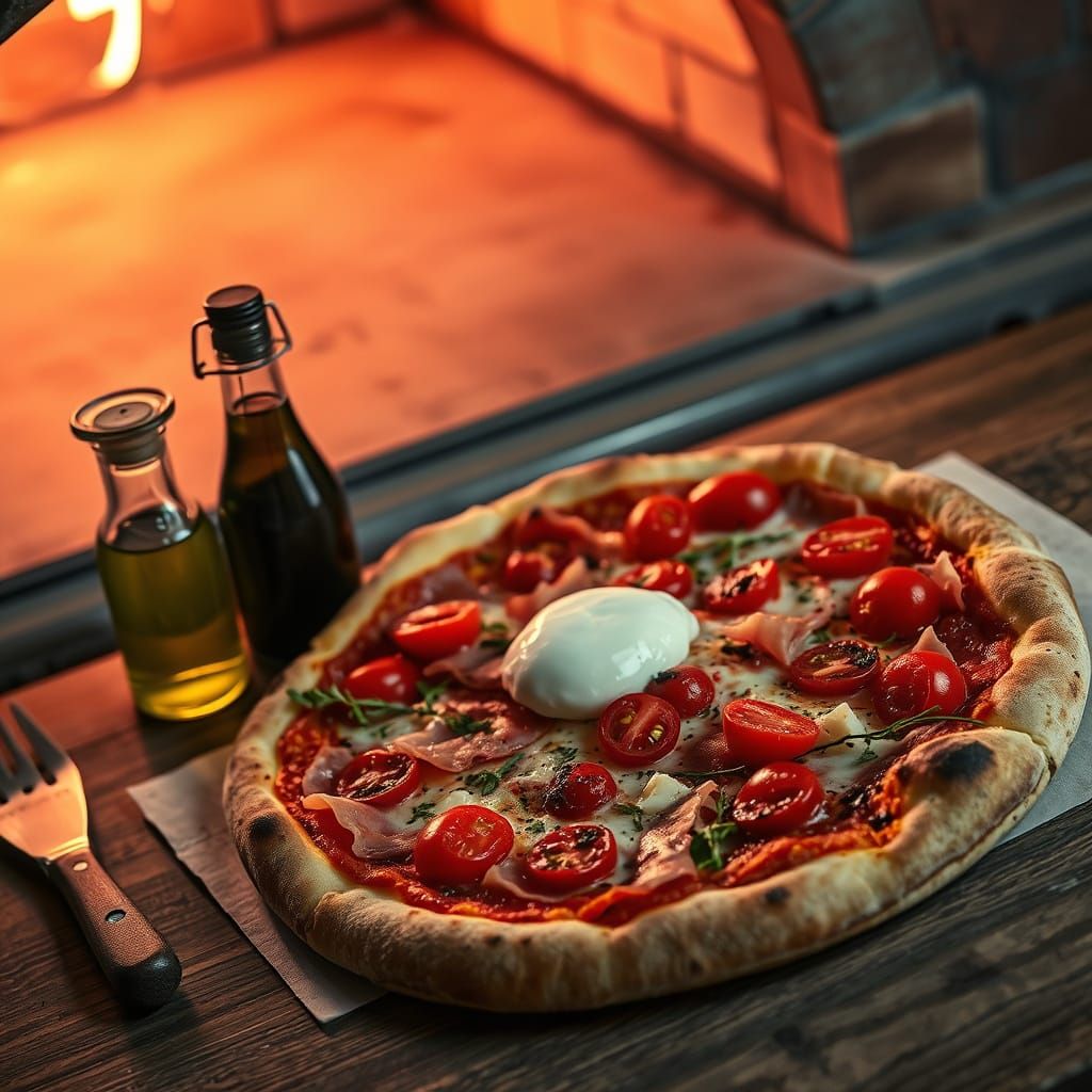 Parma Ham Pizza with Burrata in Hyperrealistic Style