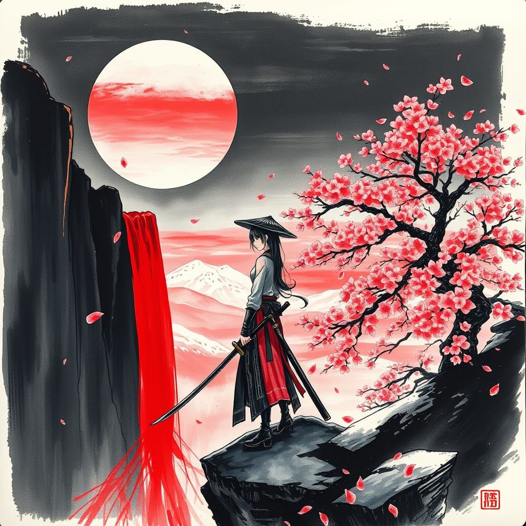 Red Waterfall Under Sunset Sky, Samurai Wanderer
