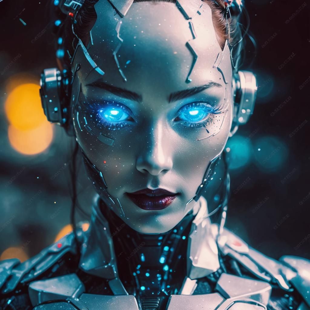 Android Woman with Cosmos and Nebula Background