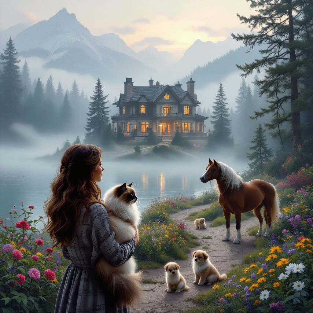 Woman With Cat and Dog in Foggy Landscape