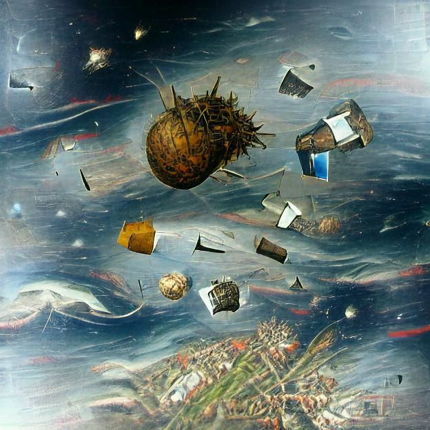Space Junk in the Style of Engraving