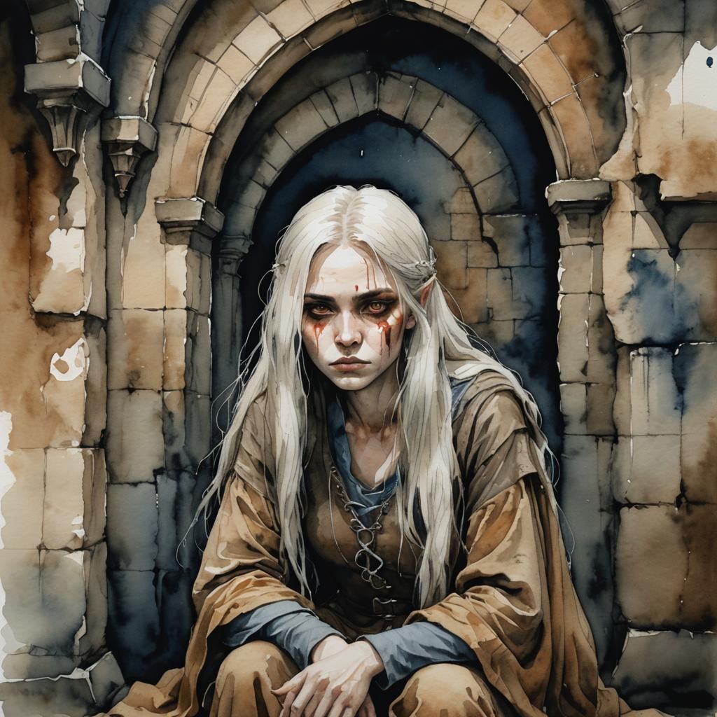 Elven Girl in Dungeon: Moody Watercolor Painting