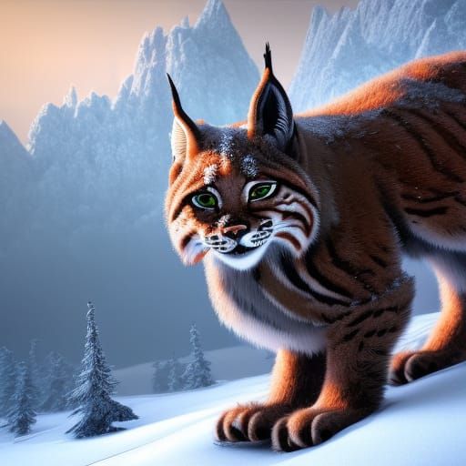 Lynx in Snowy Landscape: Detailed Matte Painting