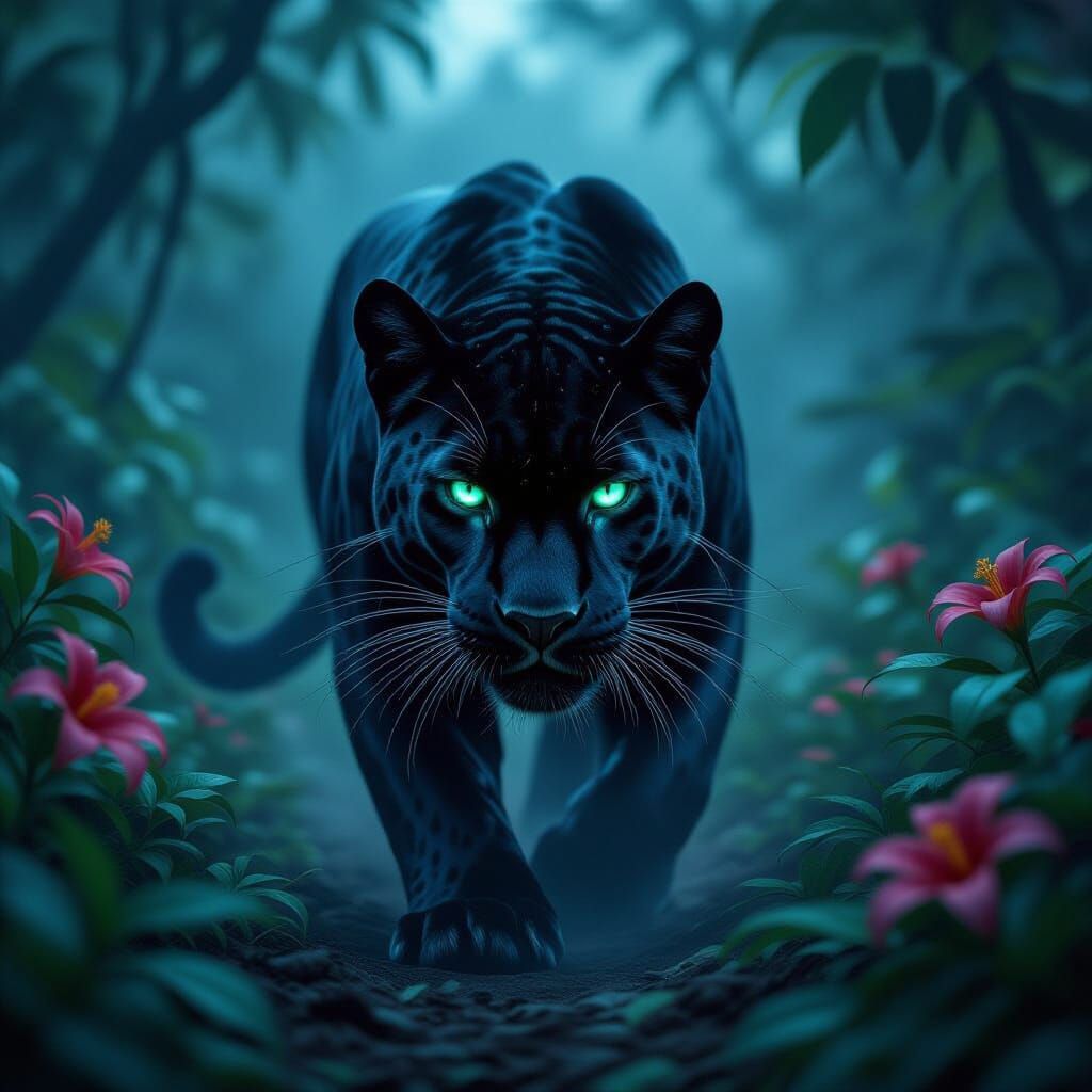 Black Panther with Emerald Eyes in Dense Jungle