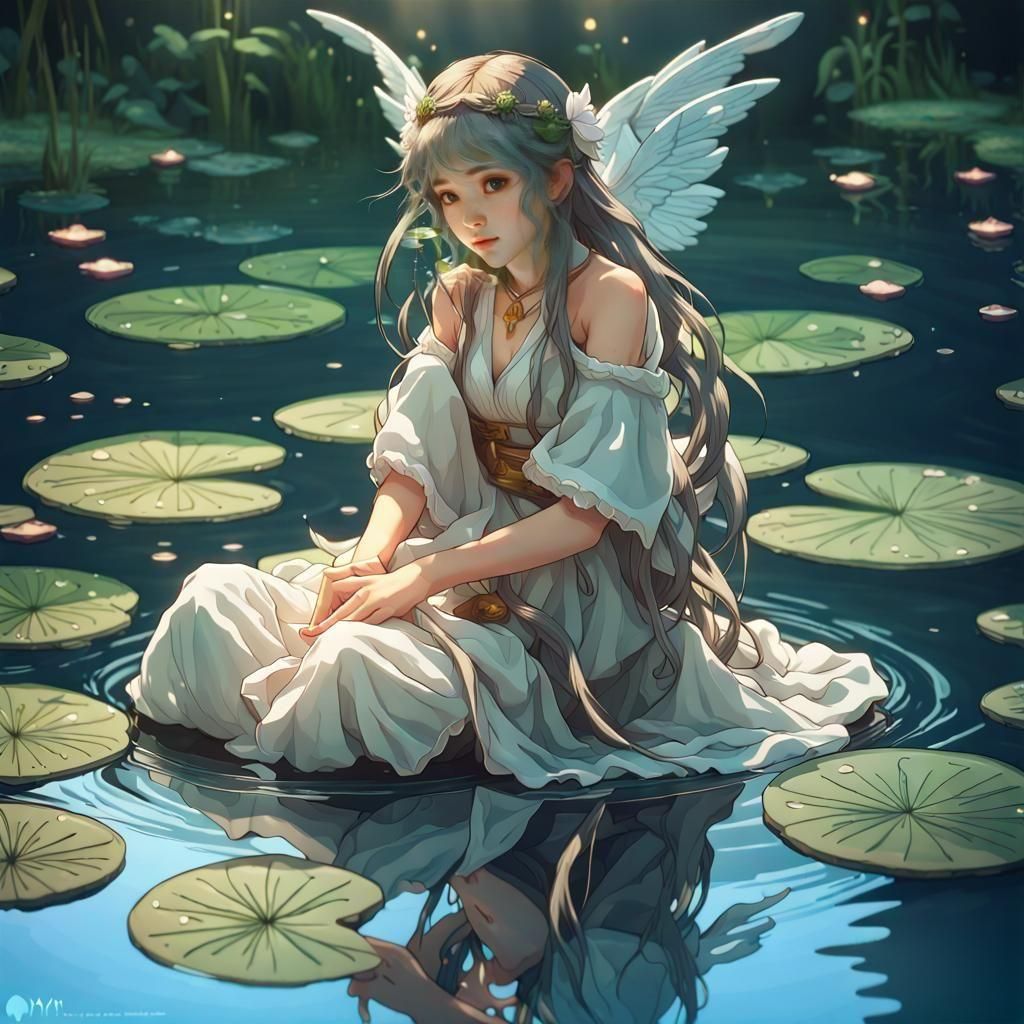 Angel looking down at her Reflection on the Water