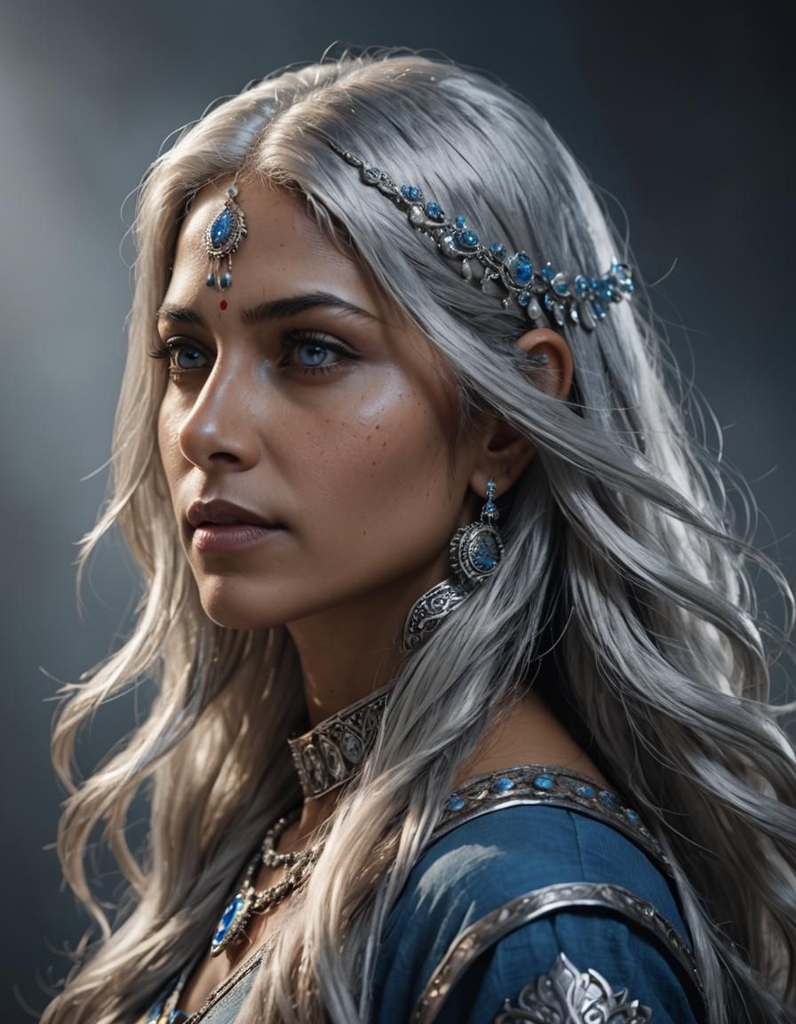 Silver-Haired Indian Woman Portrait in Detailed Matte Painti...