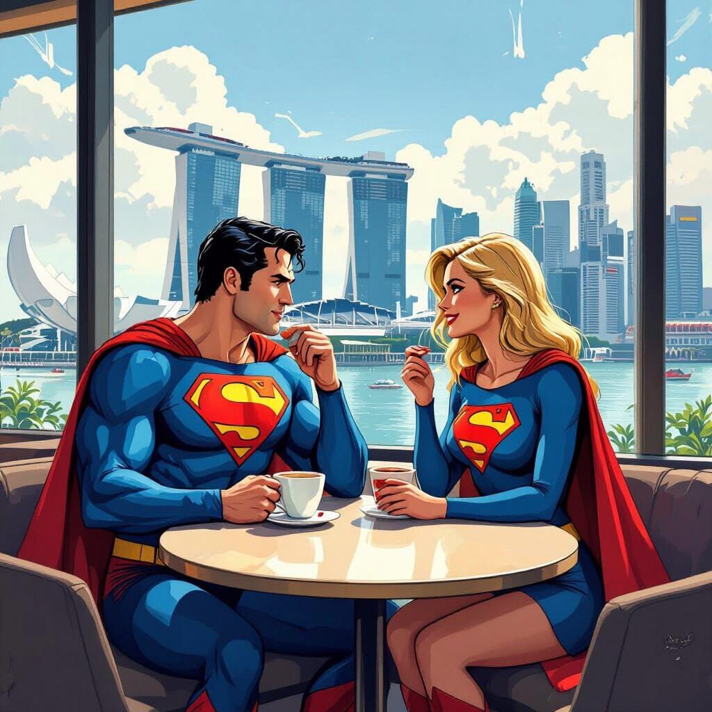 Superman and Supergirl at Marina Bay Sands in Stylized Illus...