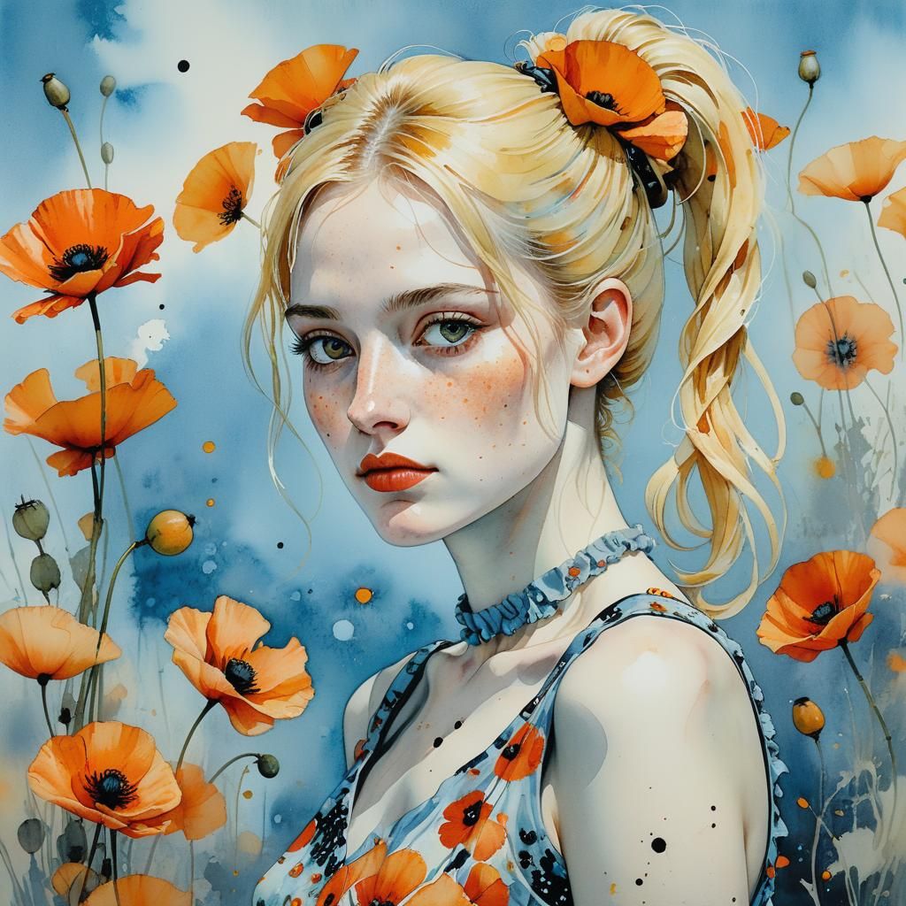Aquarelle Portrait of Woman with Poppies in Toppi Style