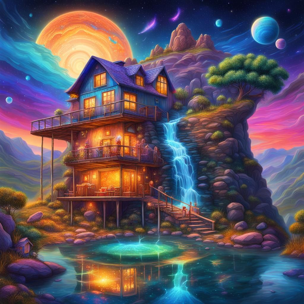 Cliffside House by Waterfall: Cosmic Illustration
