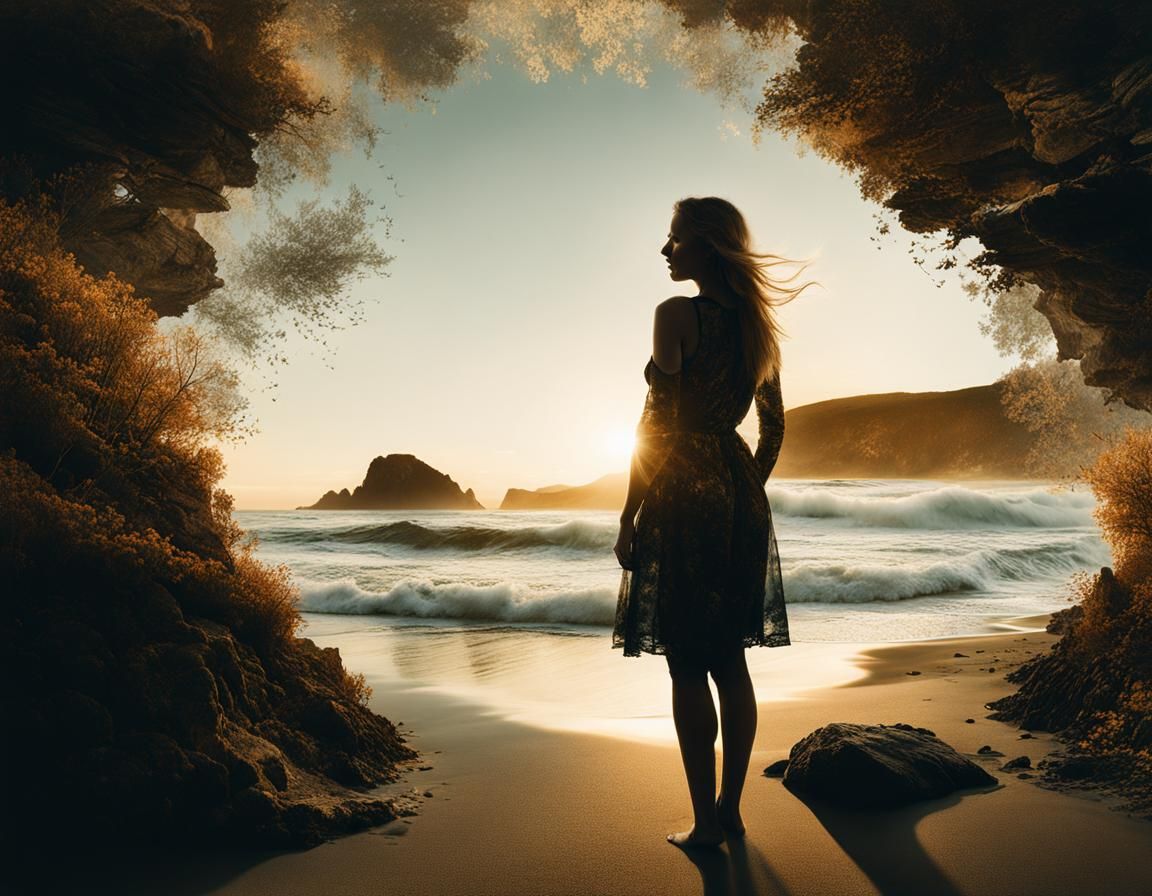 Sunset Beach Double Exposure Silhouette