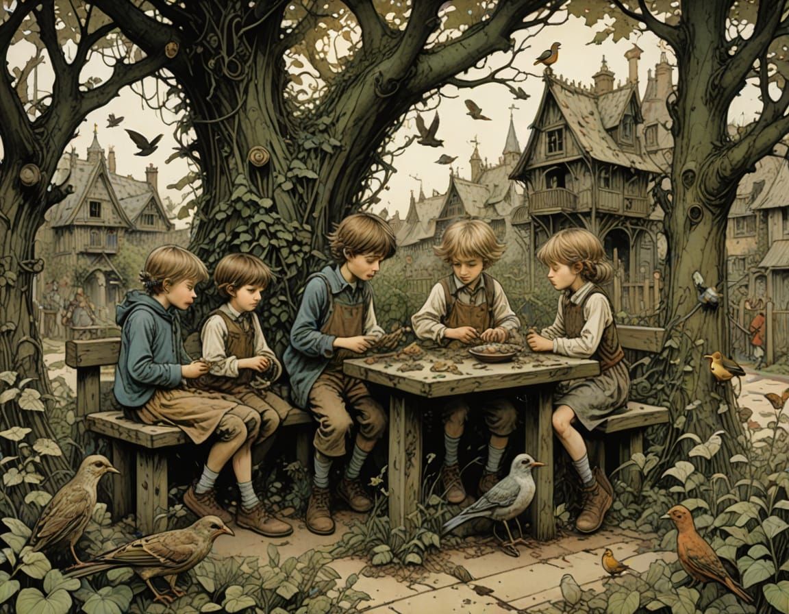 Whimsical Children Feed Birds in an Overgrown Playground Sce...