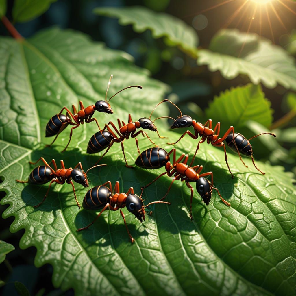 Vibrant Ants March on a Leaf in Stunning Macro Photography