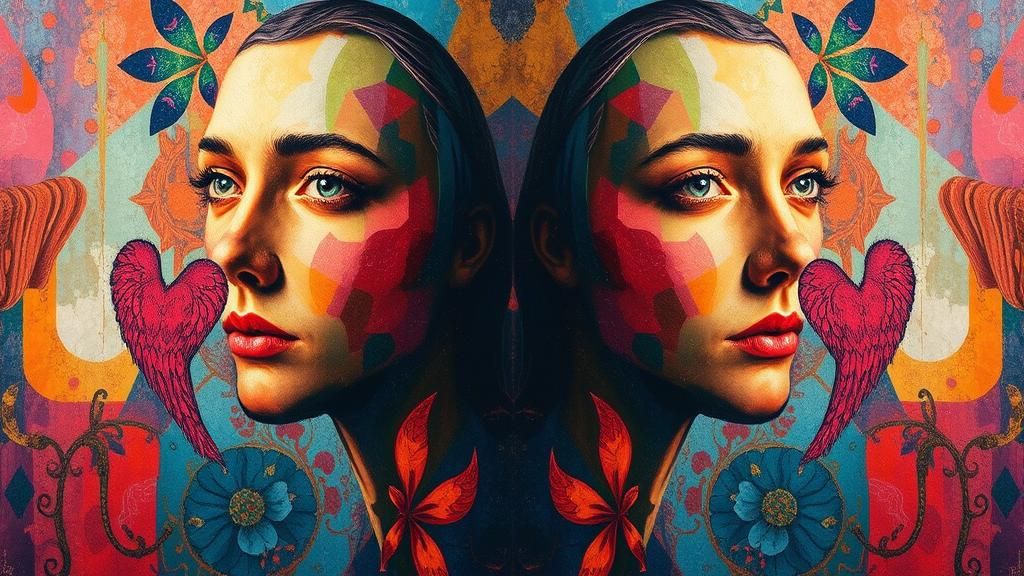 Expressionist Portrait in Symmetrical Textured Mirror Art St...