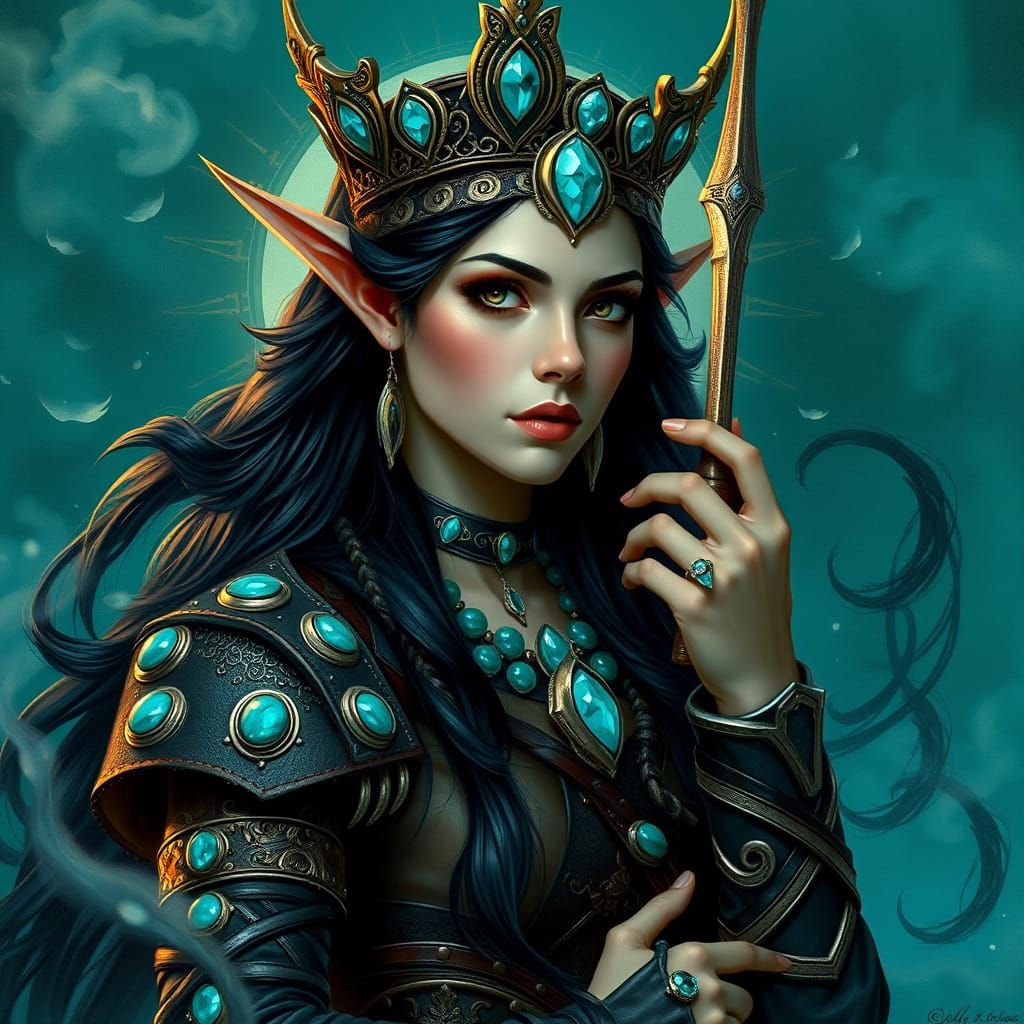 Ethereal Elven Warrior Queen in Turquoise Regalia