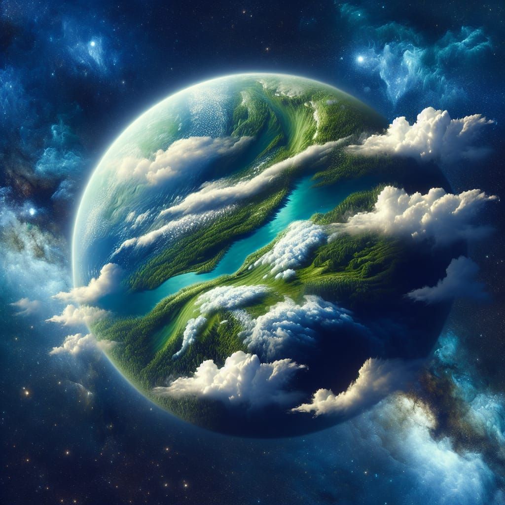 Lush Alien Planet with Blue Oceans and Cosmic Sky