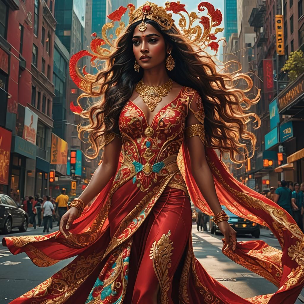 South Indian Goddess in Flowing Red Versace Gown