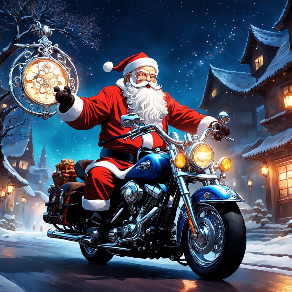 Santa Claus Rides a Cyberpunk Harley-Davidson in Anime Style