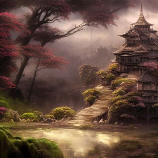 Clockpunk Bonsai Village in Oil Paint Style