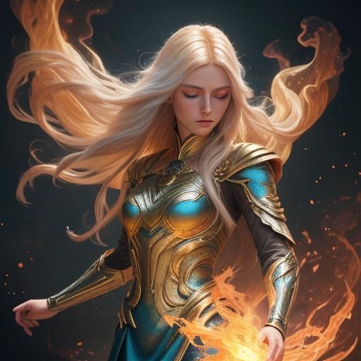 Surreal Teenage Girl with Golden Hair and Flame Dress