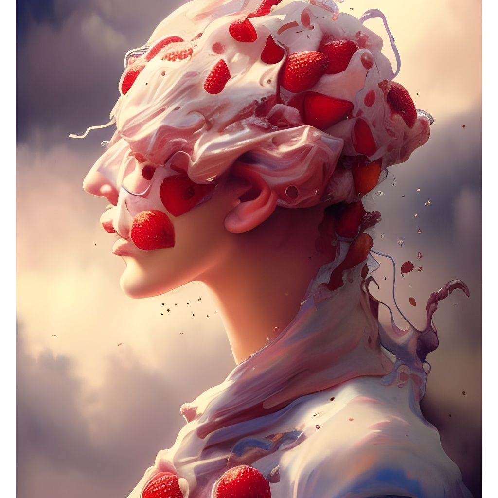 Strawberry Cake Portrait in Surrealist Style