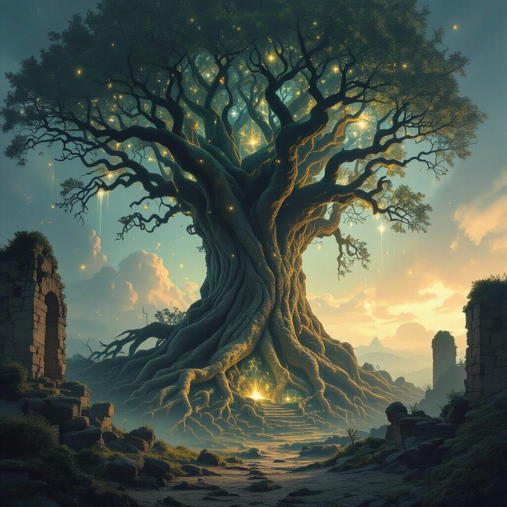 Ancient Tree Shatters Ruins in Ethereal Fantasy Landscape