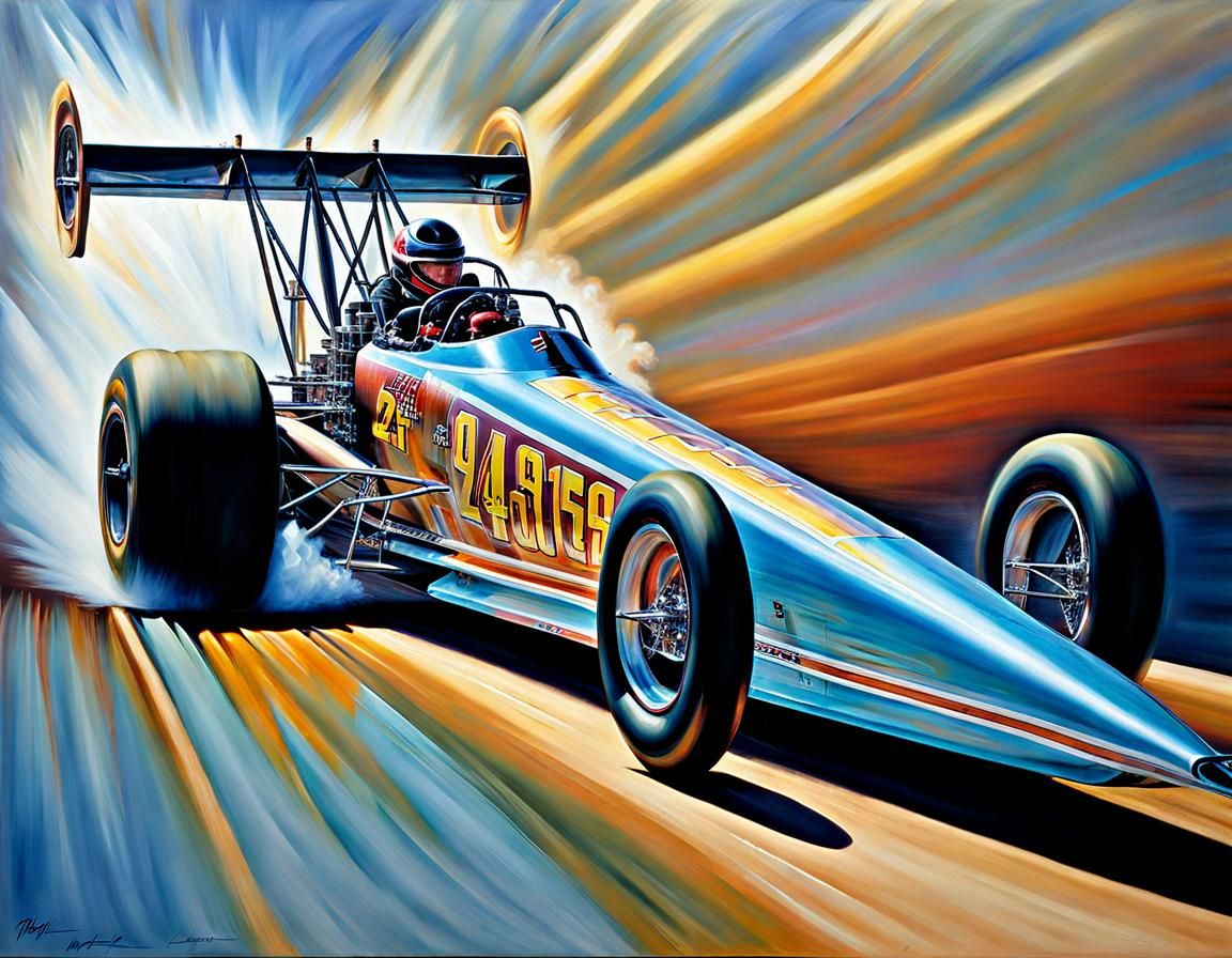 Top Fuel Dragster Wheelie in Oil Painting Style