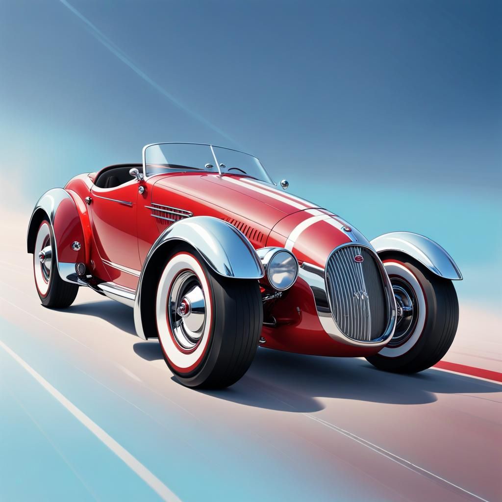 A 1950's cartoon car, rear view in perspective in the style ...