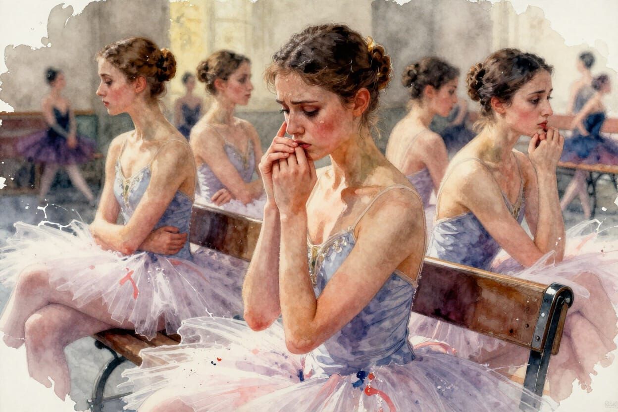Nervous Ballet Dancers Await Audition in Watercolor Style