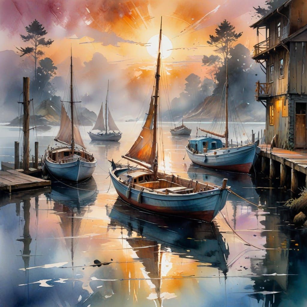 Sailboats in Misty Harbor: Watercolor Painting