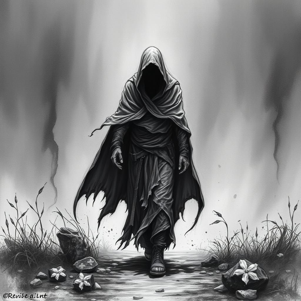 Cloaked Figure in Shadow: a Dark Surreal Charcoal Drawing