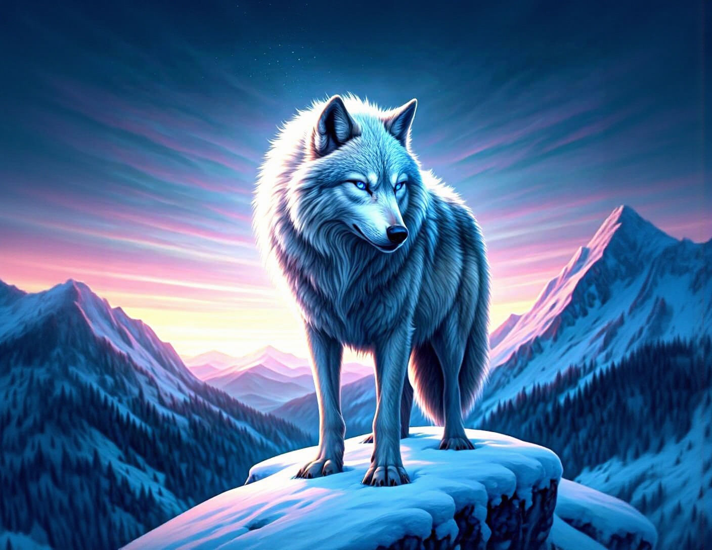 Wolf with Sapphire Eyes in Winter Landscape