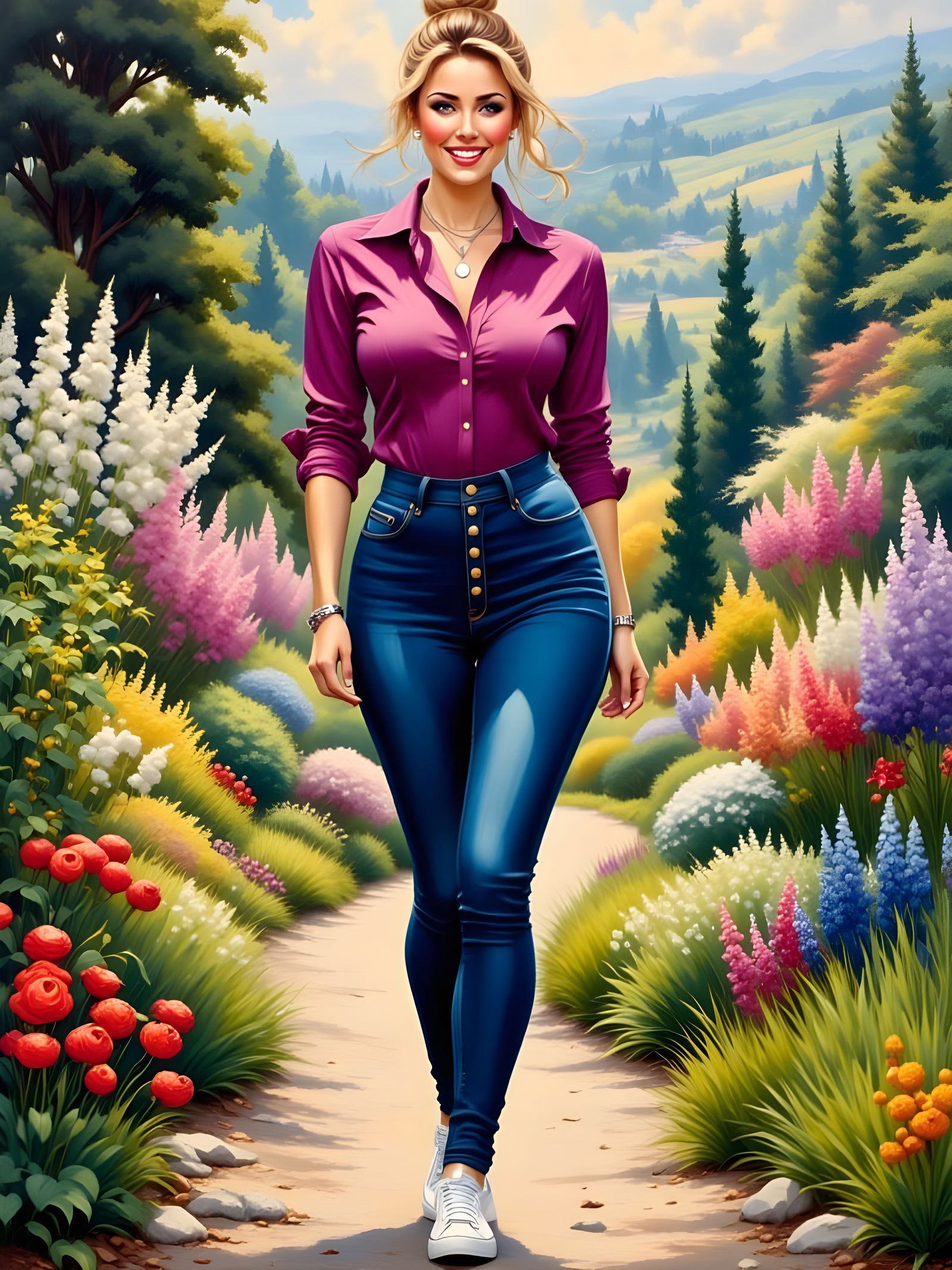 Elegant Woman in Picturesque Landscape, Art Nouveau Style