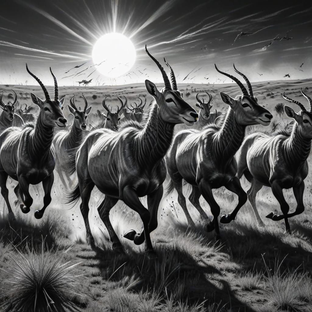 Spectacular Antelope Herd Galloping on Sun-Drenched Plains