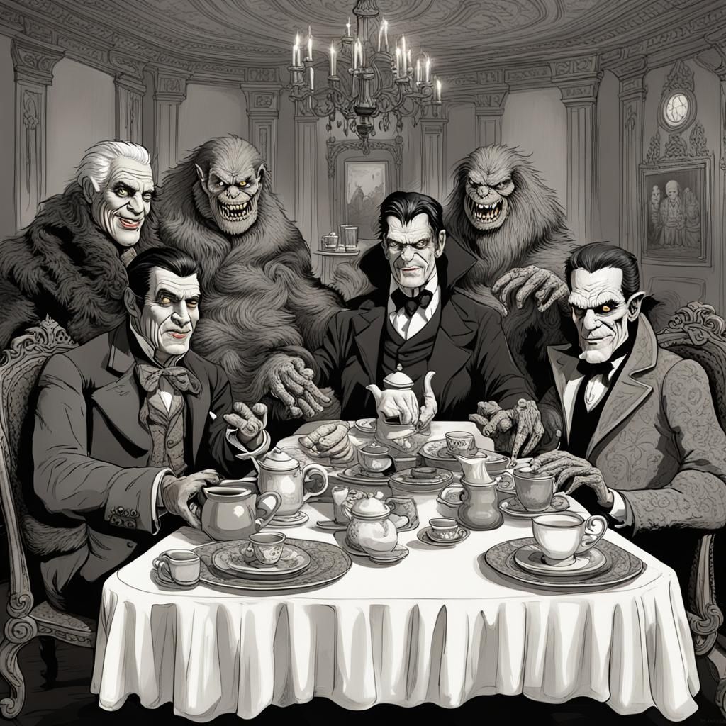 Monsters' Tea Party in Spooky Castle, Hyperrealistic Portrai...