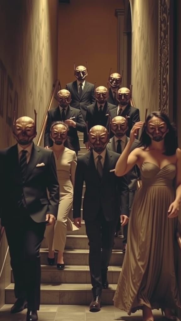 Bronze Masks Descend Sepia Surreal Staircase