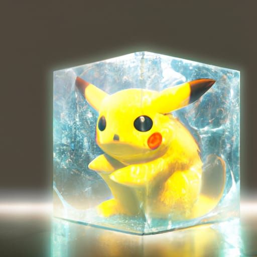 Pikachu in Glass Cube: 3D Digital Illustration