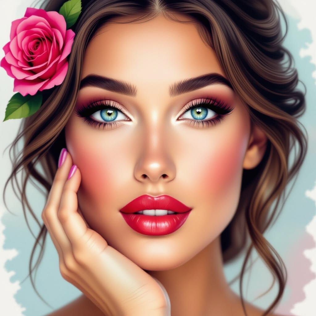 Woman's Face with Heart Eyes in Watercolor Style