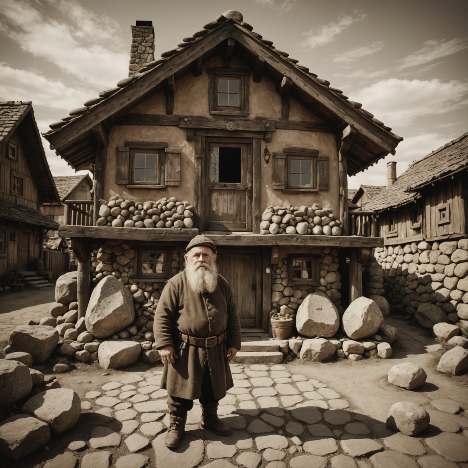 Dwarf Before Gemstone House in Vintage Sepia Photo