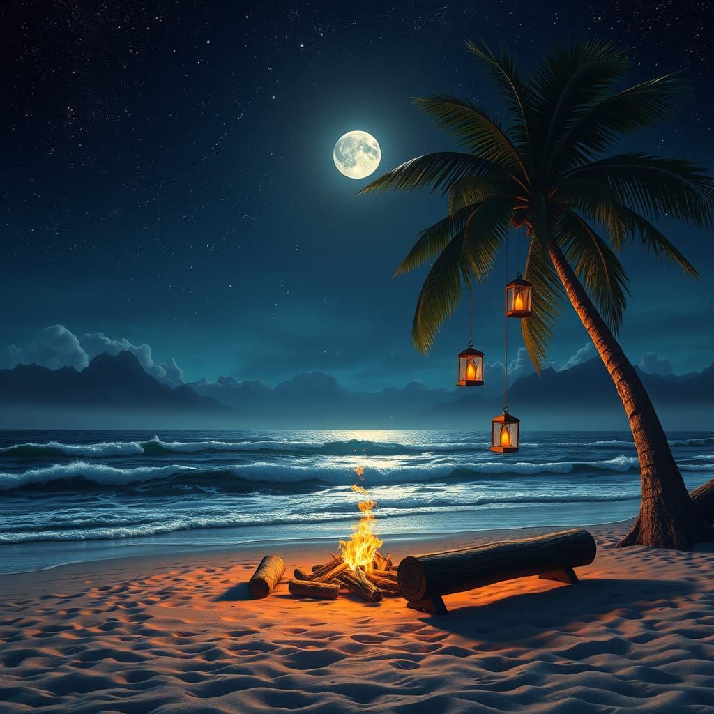 Moonlit Beach Oasis Under Starry Night Sky