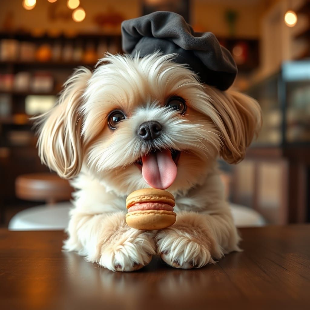Cute Shih Tzu Mix Sits in Cozy Bakery, Enjoying Treat