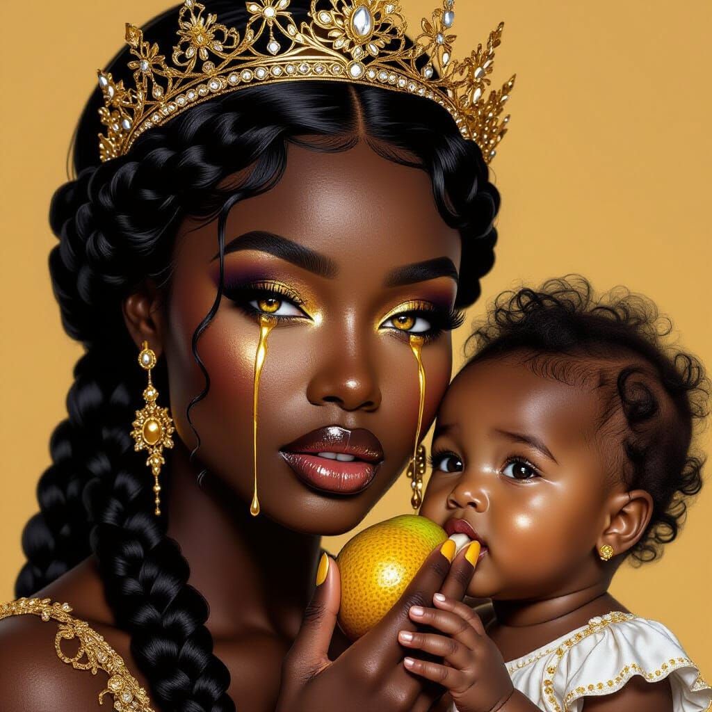 Divine Madonna Portrait with Golden Tears and Vibrant Flower...