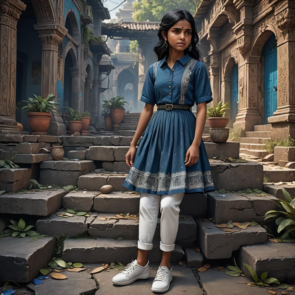 Indian Girl in Blue Frock: Detailed Matte Painting