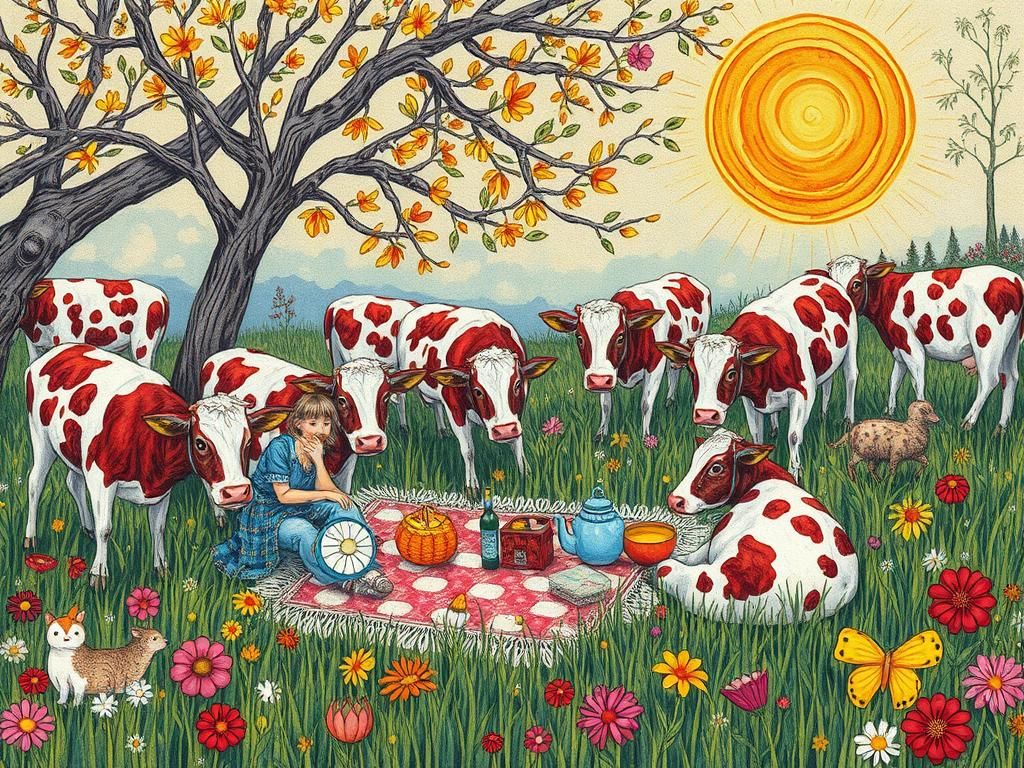 Vibrant Meadow Picnic with Cows in Art Brut Style