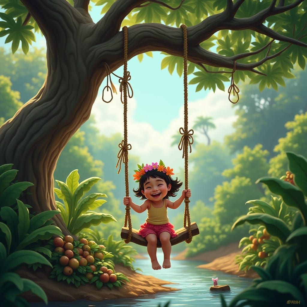 Idyllic Tropical Landscape with Young Girl on Rope Swing