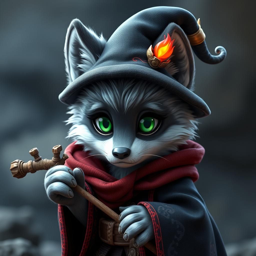 Sad Wolf Cub Wizard in Anime Style