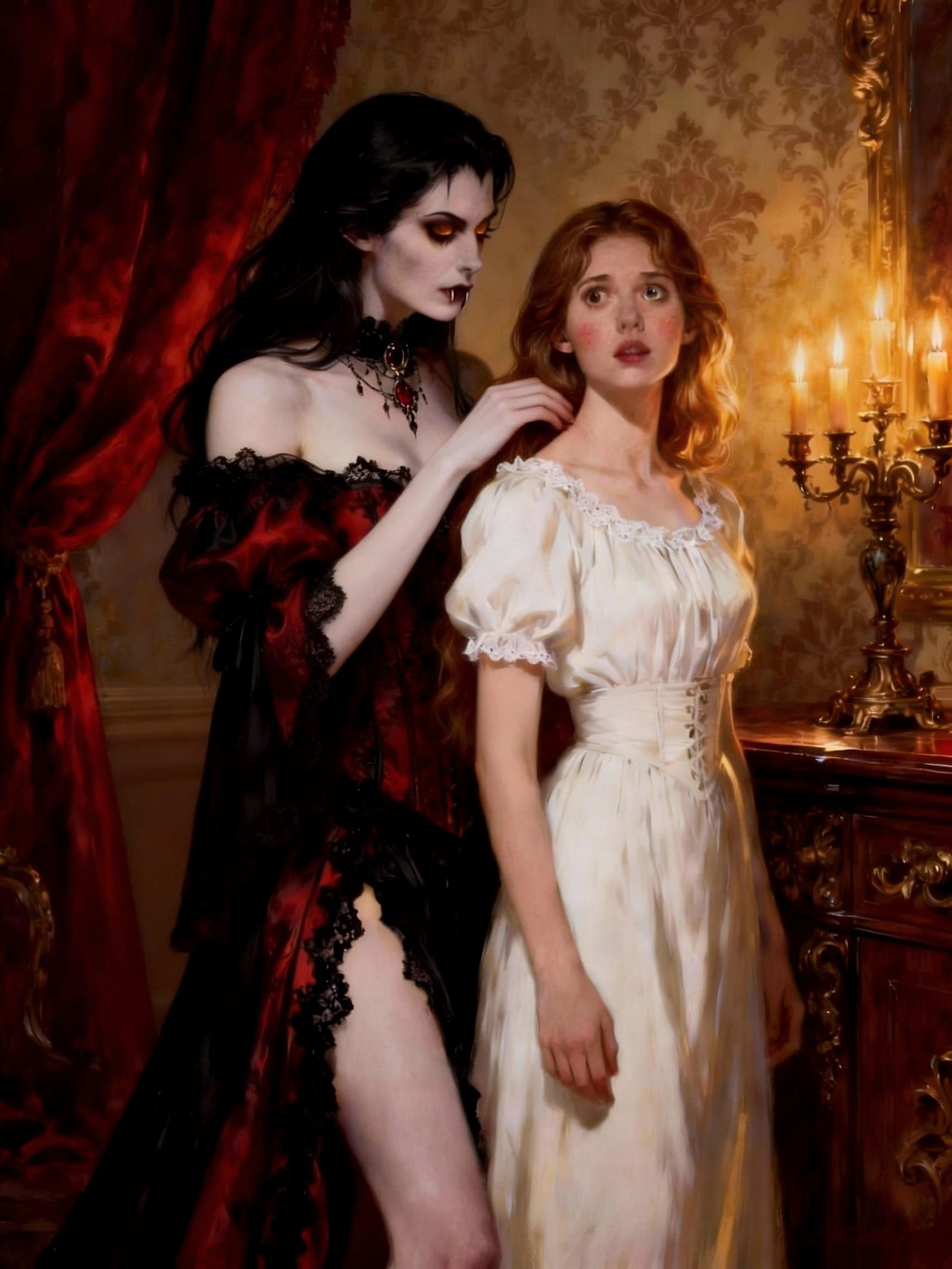 Gothic Vampire Seduction in Baroque Chamber